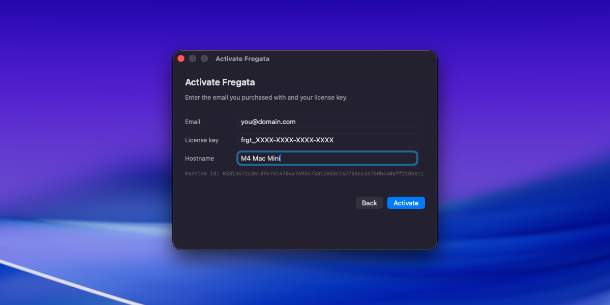 Fregata activation window on macOS, showing email and license-key fields for entering a paid license or starting the 30-day free trial.