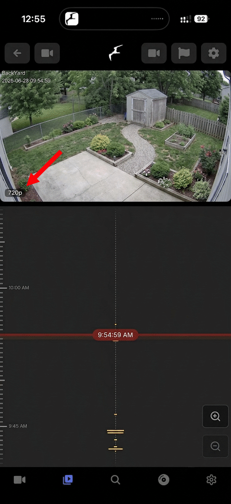 Fregata recordings player showing the quality-rung bubble in the lower-left corner of the video while adaptive transcoding is active.