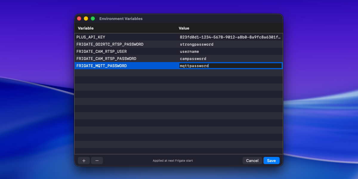 Fregata’s Environment Variables editor sheet on macOS, used to set FREGATA_* and FRIGATE_* runtime overrides without editing config files.