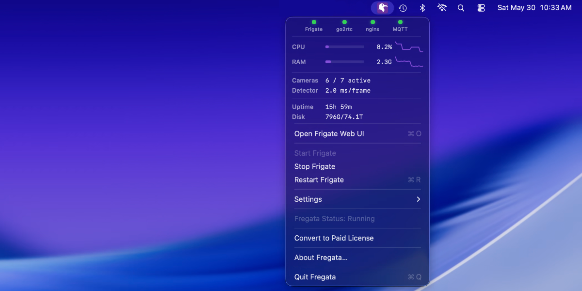 Fregata’s macOS menu-bar tray expanded, showing live CPU and RAM stats, camera counts, Apple Neural Engine detector status, and quick controls for restart / settings / logs.